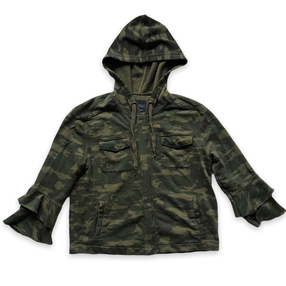 SANCTUARY Size Medium Camo Jacket Green Ruffle Sleeve Camouflage 0139